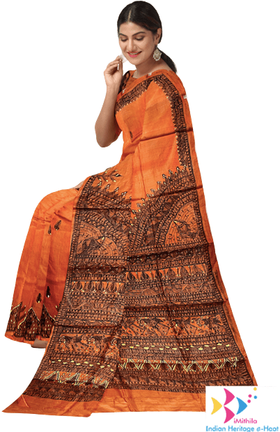 WOVEN WORK Printed Peach Tussar silk saree with beautiful Madhubani print,  5.5 m (separate blouse piece) at Rs 1500 in Surat